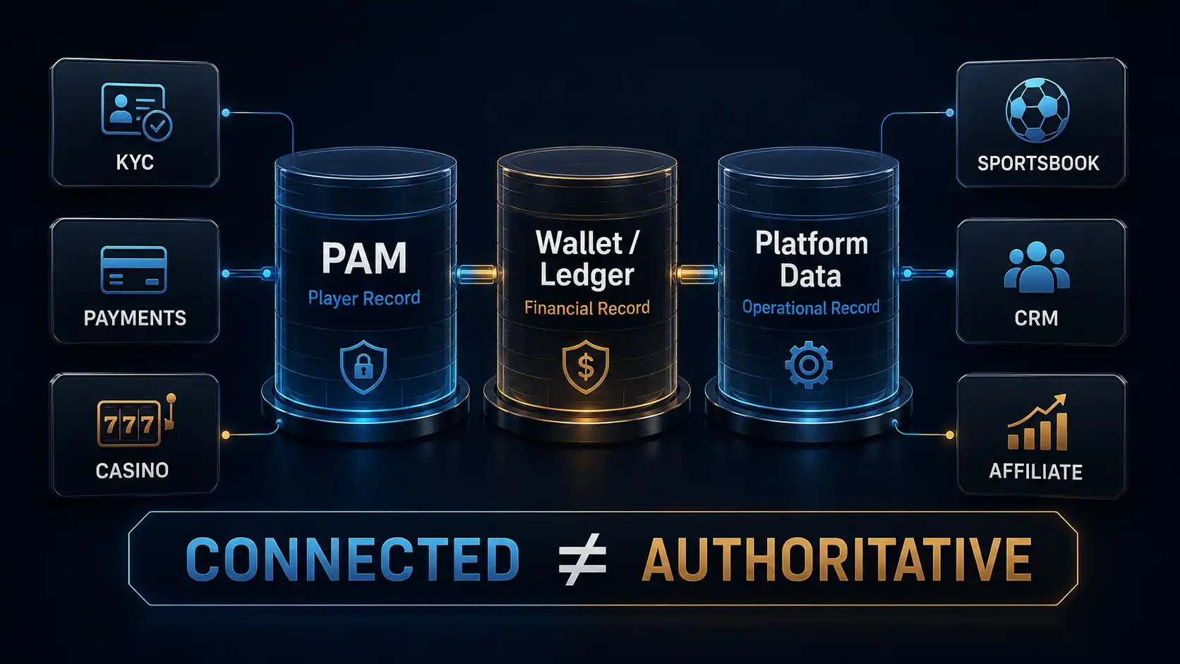 PAM, wallet ledger and platform data showing authoritative records in an iGaming platform